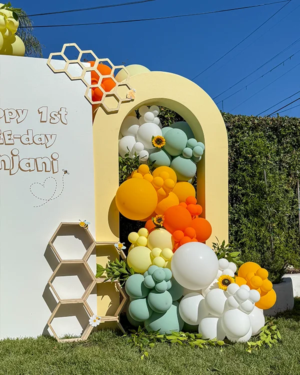 Anjani's 1st Bee-Day — Birthday balloon decor detail Mid-Wilshire