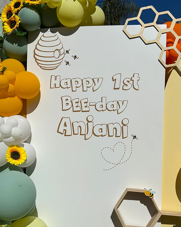 Anjani's 1st Bee-Day — Birthday balloon decor detail Mid-Wilshire