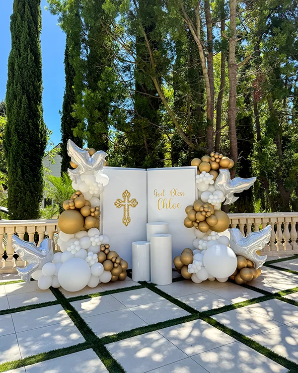 Chloe's Baptism — God Bless — Baptism balloon decor detail Westwood