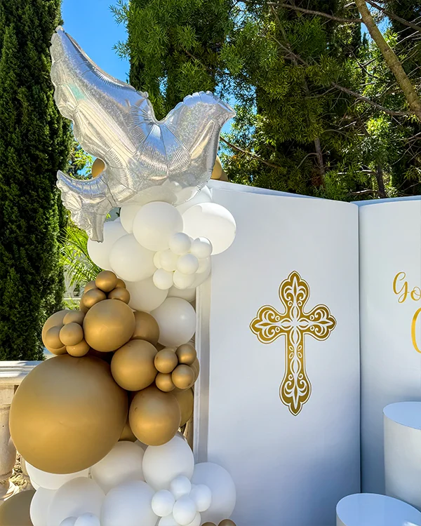 Chloe's Baptism — God Bless — Baptism balloon decor detail Westwood