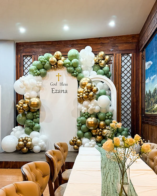 Ezana's Baptism — God Bless — Baptism balloon decor detail Mid-Wilshire