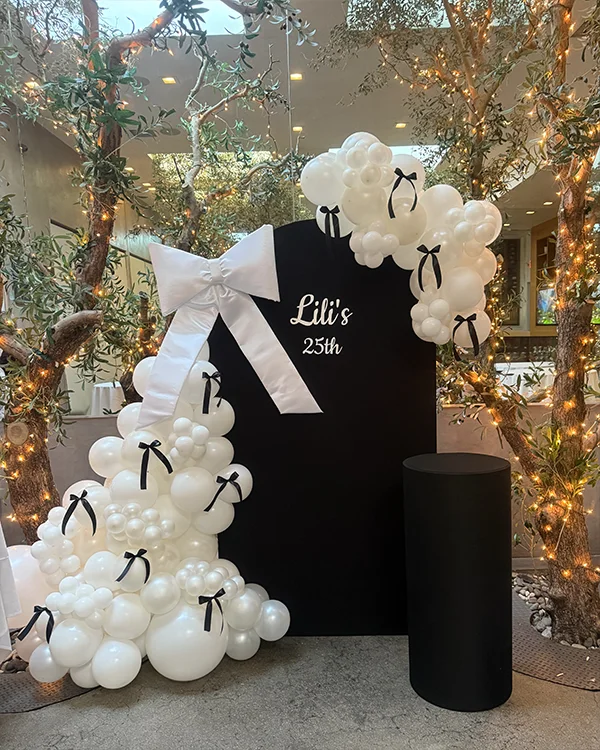 Lili's 25th Birthday — Black Glam — Birthday balloon decor detail Beverly Hills