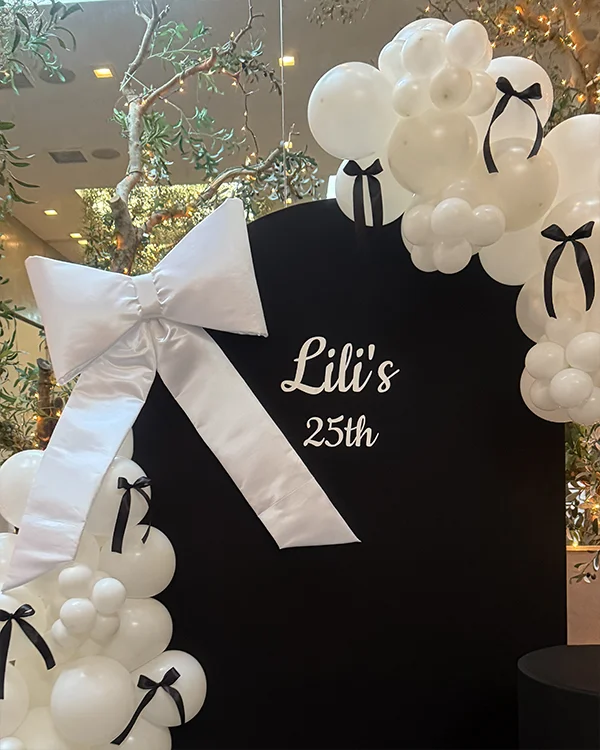 Lili's 25th Birthday — Black Glam — Birthday balloon decor detail Beverly Hills