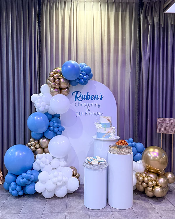 Ruben's 5th birthday and baptism balloon decor at Olivia Event Burbank