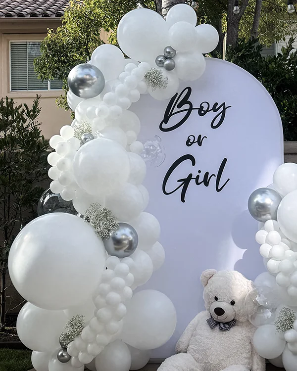 Taylor's Gender Reveal — Boy or Girl — Gender Reveal balloon decor detail Laguna Niguel
